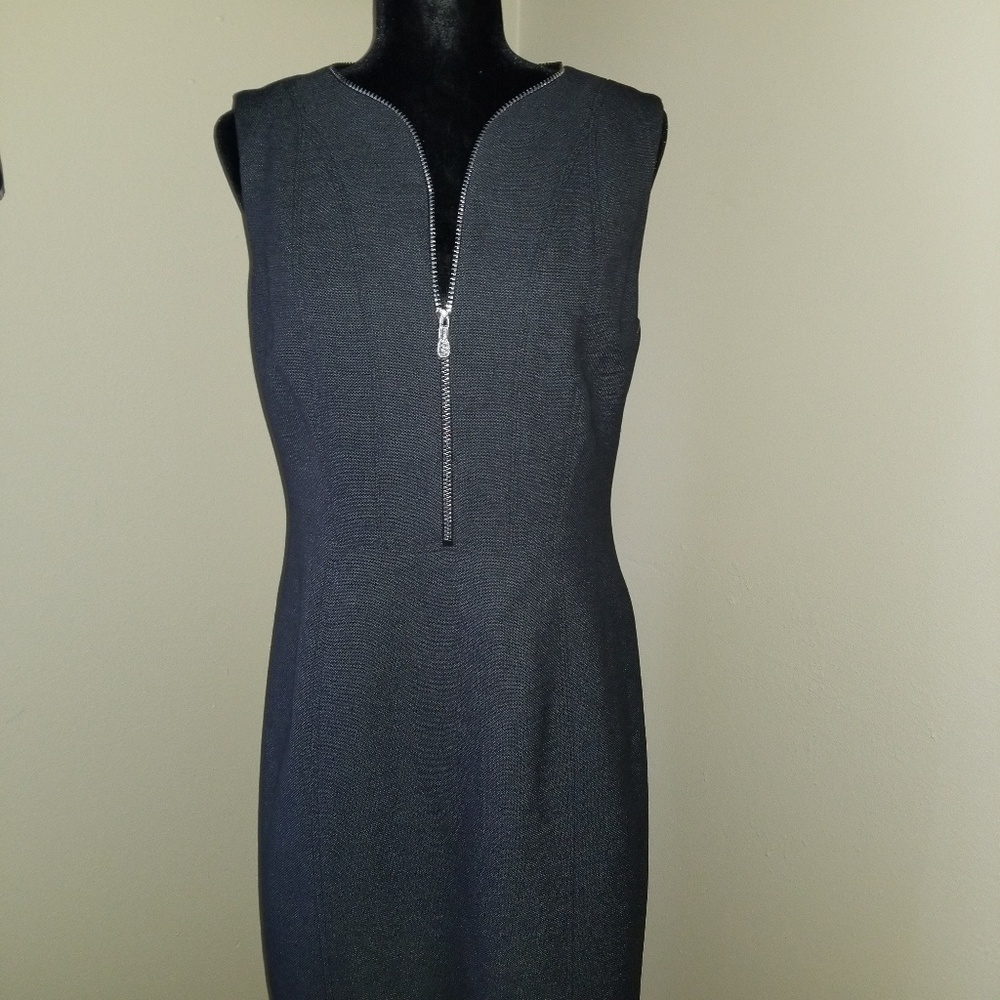T Tahari Charcoal Grey Midi Dress with Silver Zip